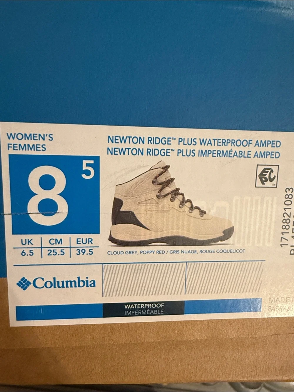 Columbia 8.5 Newton Ridge Plus Waterproof Cloud Grey Black Hiking Boot Red Laces